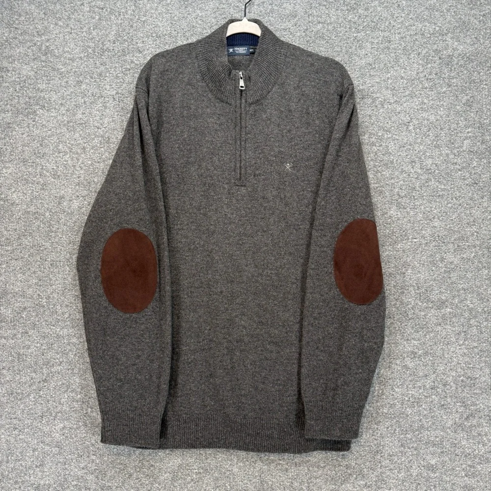 Hackett London Sweater Mens XXXL Gray Lambswool 1/4 Zip Elbow Patch Pullover